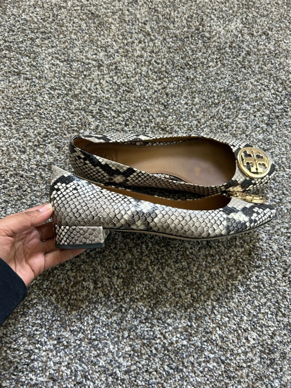 Tory Burch Snake-Print Logo Ballet Flats in Black & Cream with Gold Medallion